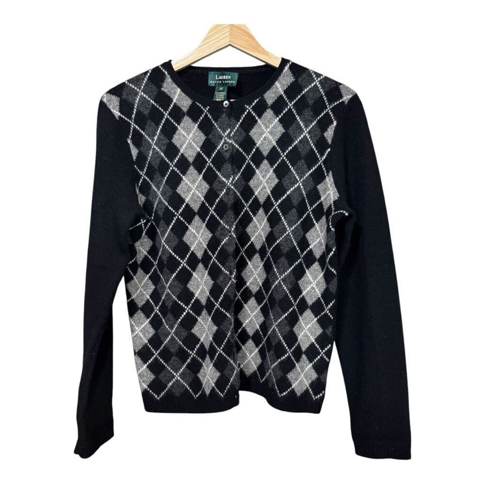 Lauren Ralph Lauren preppy black plaid sweater 100% lambs wool  size medium